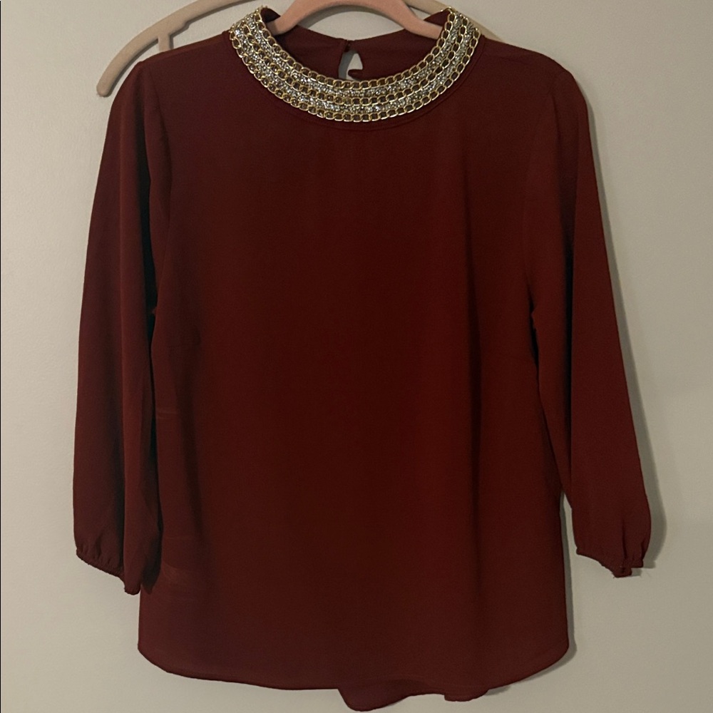 Elegant Maroon Blouse with Embellished Neckline